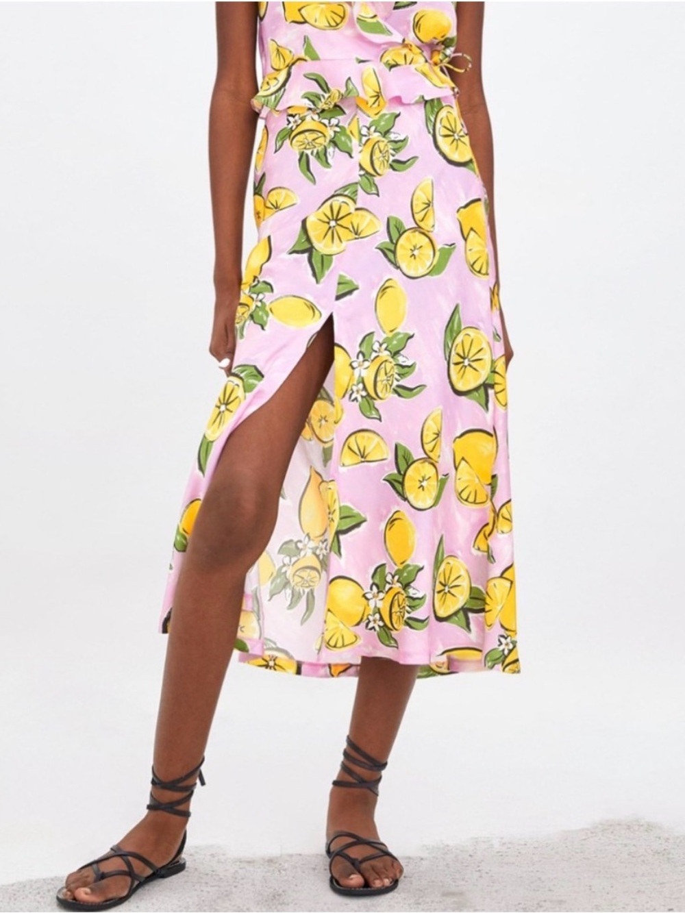 Zara Pink Lemon Print Satin Midi Skirt Front Slit Size Large